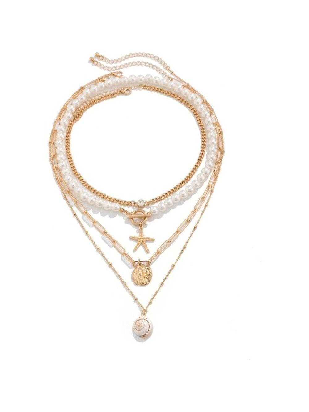 🆕 Women Gold Starfish Layered Necklace Bohemian Pearl Conch Beach Bead Jewelry